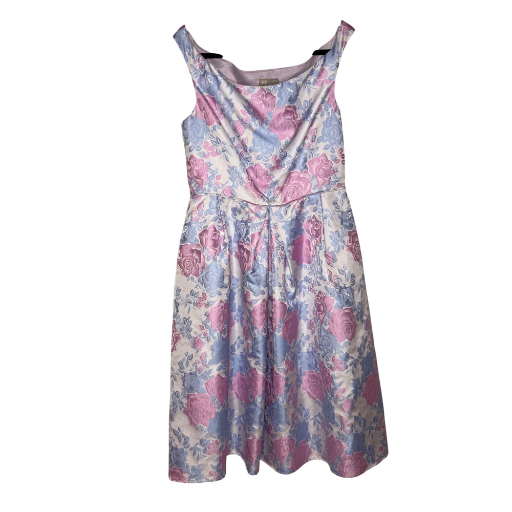 ASOS Floral Jacquard Midi Dress Pink Blue Rose Garden‎ Party Wedding Guest US 10